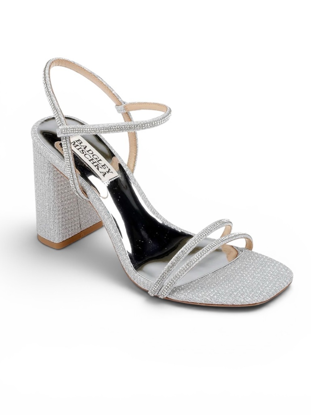 BADGLEY MISCHKA FIREY RHINESTONE SILVER BLOCK HEEL OPEN TOE HEELS